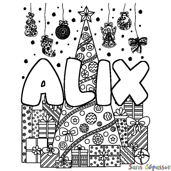 Coloriage prénom ALIX - d&eacute;cor Sapin et Cadeaux