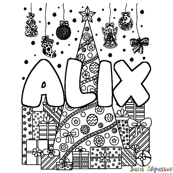 Coloriage pr&eacute;nom ALIX - d&eacute;cor Sapin et Cadeaux