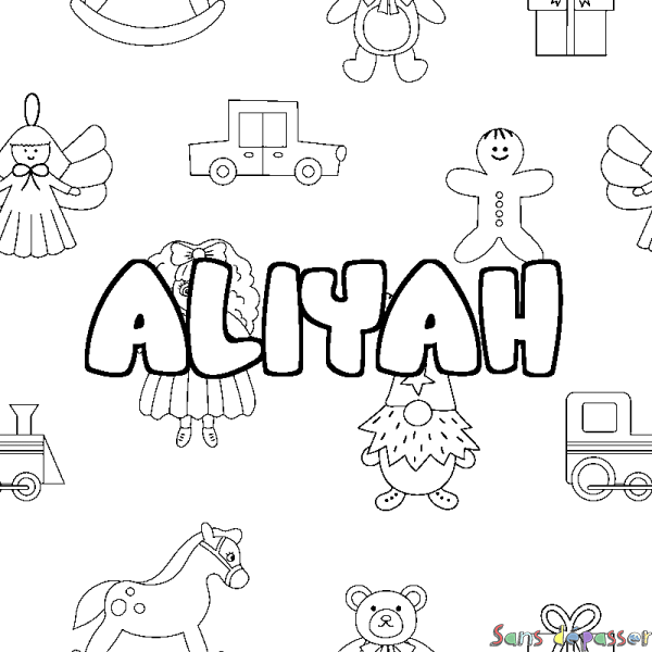 Coloriage pr&eacute;nom ALIYAH - d&eacute;cor Jouets