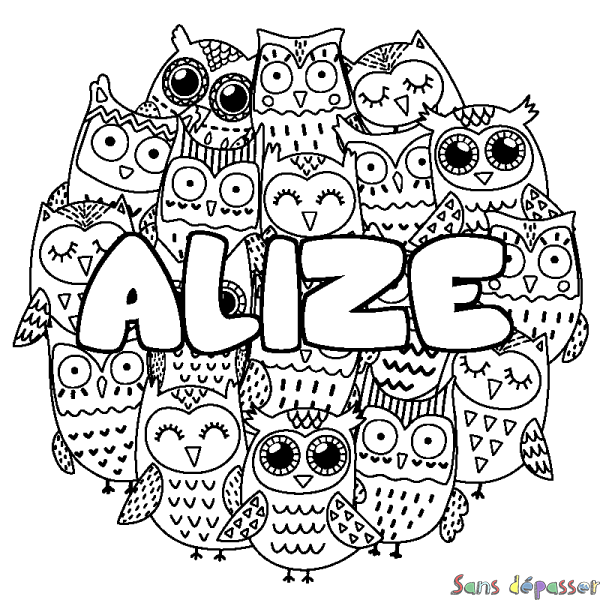 Coloriage prénom ALIZE - d&eacute;cor Chouettes