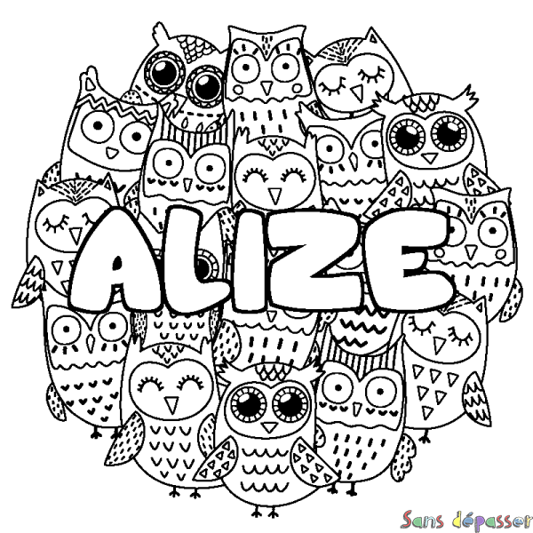 Coloriage pr&eacute;nom ALIZE - d&eacute;cor Chouettes