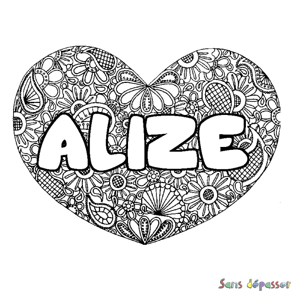 Coloriage prénom ALIZE - d&eacute;cor Mandala coeur