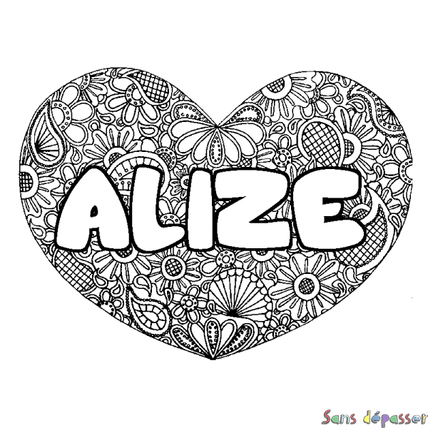 Coloriage pr&eacute;nom ALIZE - d&eacute;cor Mandala coeur