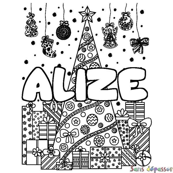 Coloriage prénom ALIZE - d&eacute;cor Sapin et Cadeaux