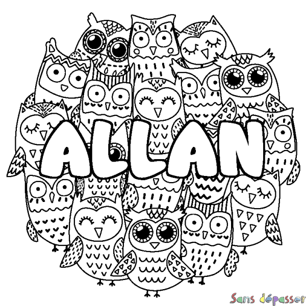 Coloriage pr&eacute;nom ALLAN - d&eacute;cor Chouettes
