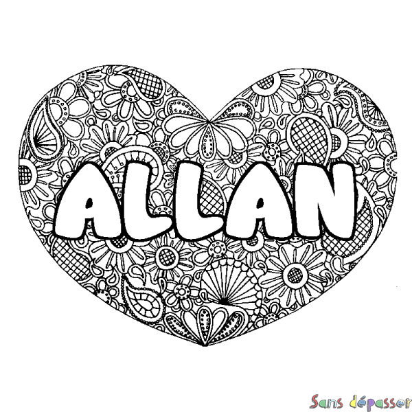 Coloriage pr&eacute;nom ALLAN - d&eacute;cor Mandala coeur