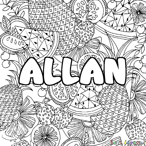 Coloriage pr&eacute;nom ALLAN - d&eacute;cor Mandala fruits