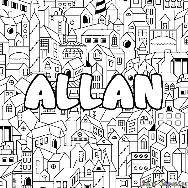 Coloriage pr&eacute;nom ALLAN - d&eacute;cor Ville