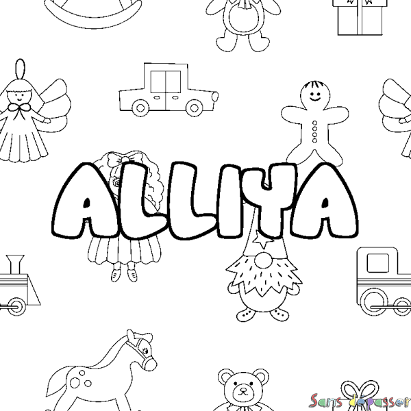 Coloriage pr&eacute;nom ALLIYA - d&eacute;cor Jouets