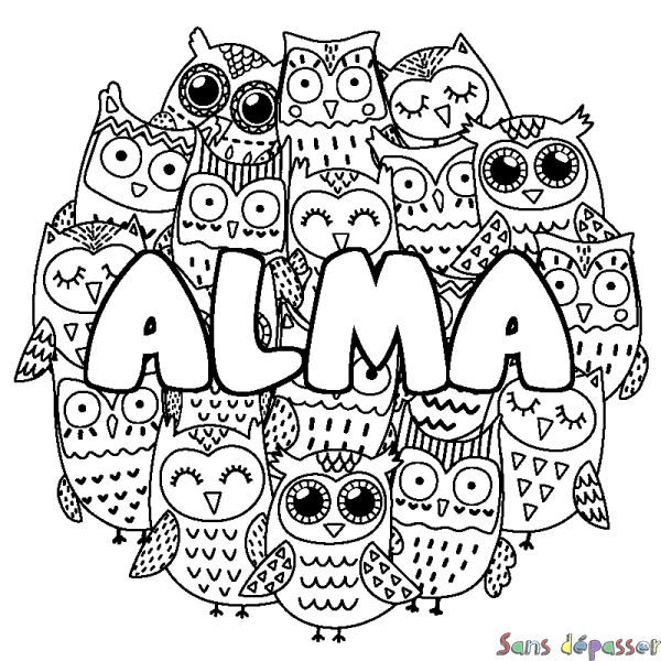 Coloriage pr&eacute;nom ALMA - d&eacute;cor Chouettes