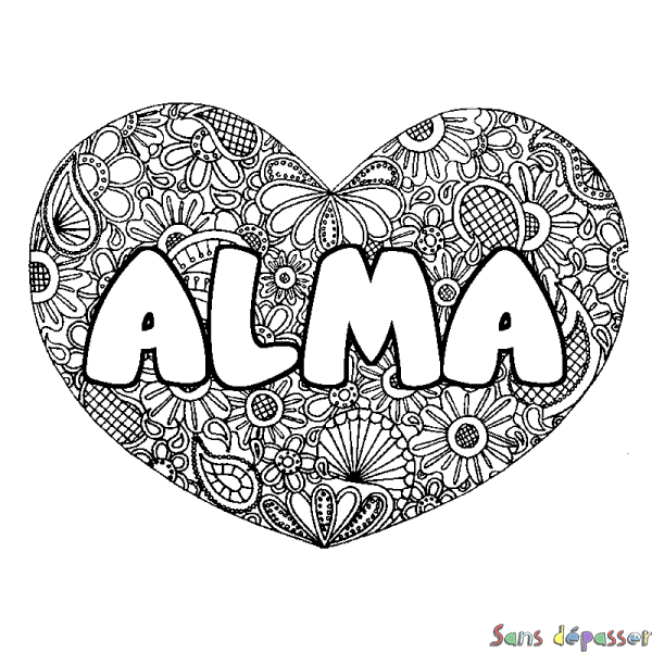 Coloriage pr&eacute;nom ALMA - d&eacute;cor Mandala coeur