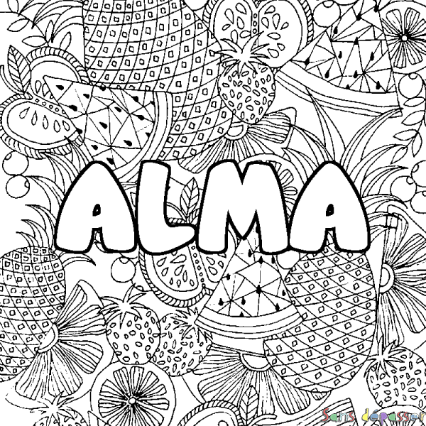 Coloriage prénom ALMA - d&eacute;cor Mandala fruits