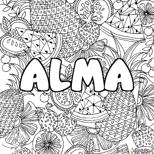 Coloriage pr&eacute;nom ALMA - d&eacute;cor Mandala fruits