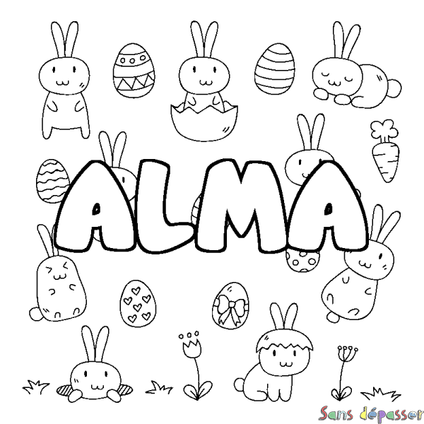 Coloriage pr&eacute;nom ALMA - d&eacute;cor Paques