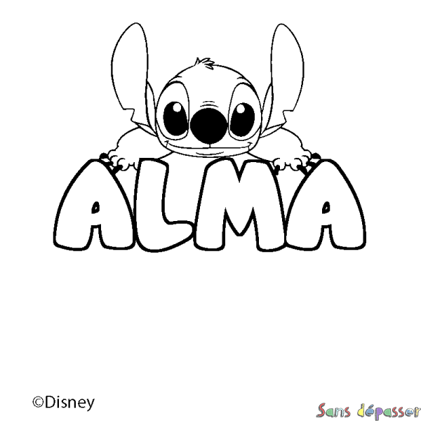 Coloriage pr&eacute;nom ALMA - d&eacute;cor Stitch