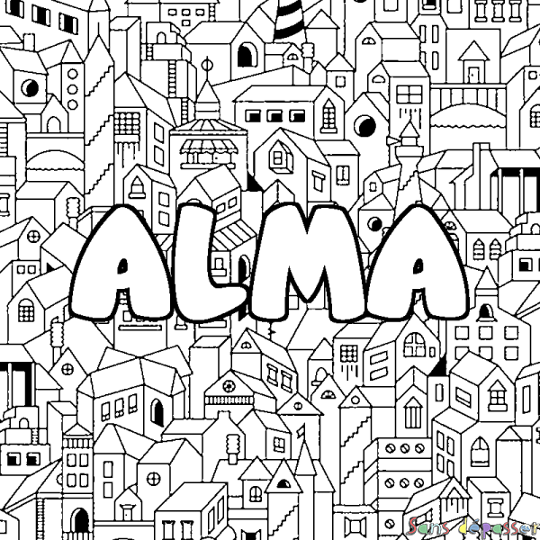 Coloriage prénom ALMA - d&eacute;cor Ville