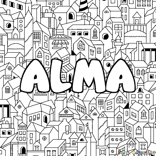 Coloriage pr&eacute;nom ALMA - d&eacute;cor Ville