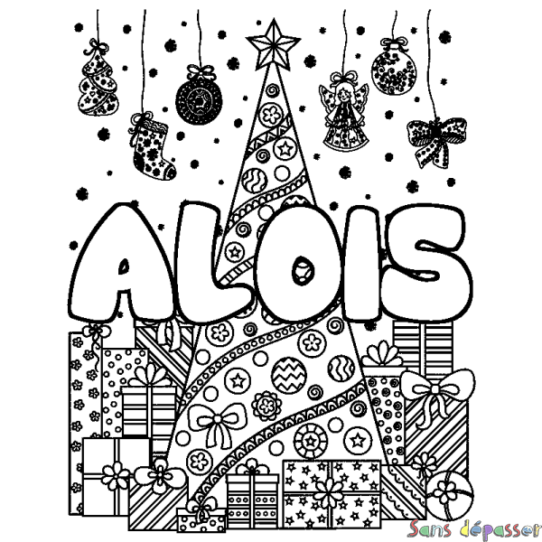 Coloriage prénom ALOIS - d&eacute;cor Sapin et Cadeaux