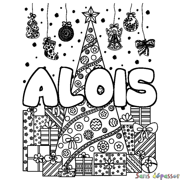 Coloriage pr&eacute;nom ALOIS - d&eacute;cor Sapin et Cadeaux
