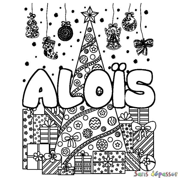 Coloriage pr&eacute;nom ALO&Iuml;S - d&eacute;cor Sapin et Cadeaux