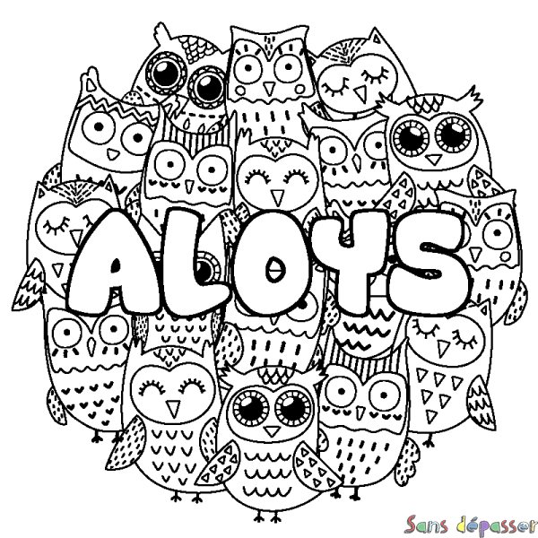Coloriage pr&eacute;nom ALOYS - d&eacute;cor Chouettes