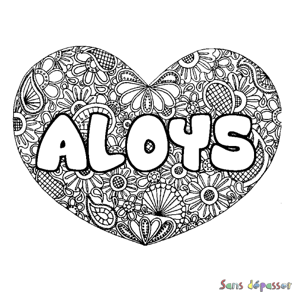 Coloriage pr&eacute;nom ALOYS - d&eacute;cor Mandala coeur