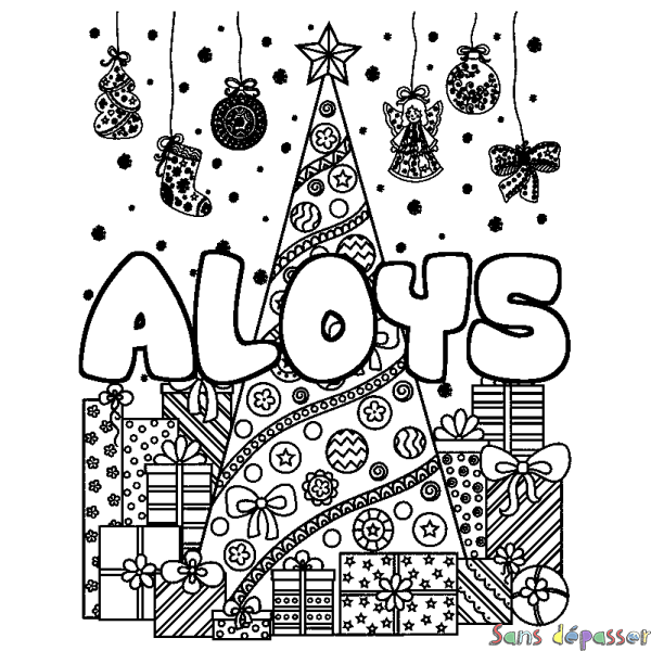Coloriage pr&eacute;nom ALOYS - d&eacute;cor Sapin et Cadeaux