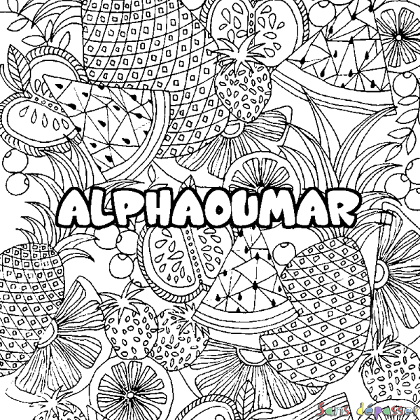 Coloriage pr&eacute;nom ALPHAOUMAR - d&eacute;cor Mandala fruits
