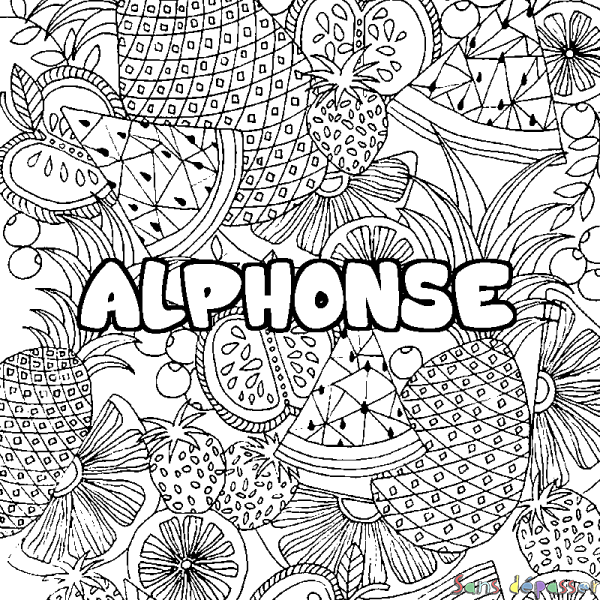 Coloriage pr&eacute;nom ALPHONSE - d&eacute;cor Mandala fruits