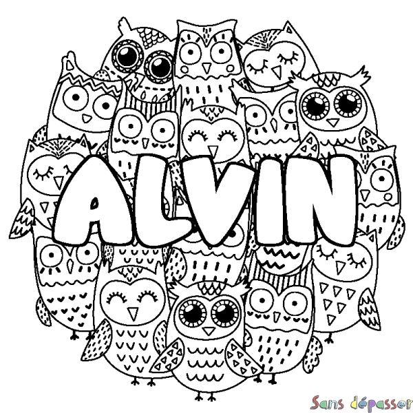 Coloriage prénom ALVIN - d&eacute;cor Chouettes