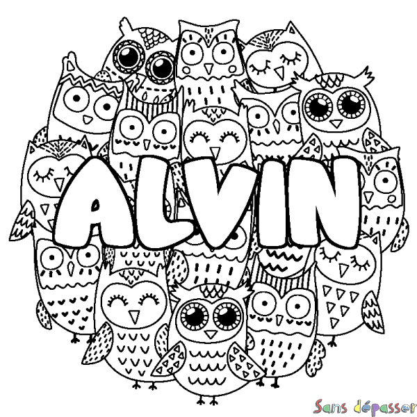 Coloriage pr&eacute;nom ALVIN - d&eacute;cor Chouettes