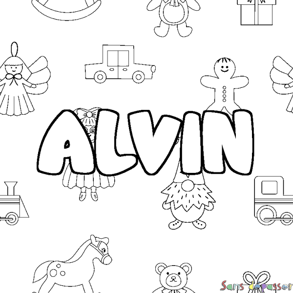 Coloriage pr&eacute;nom ALVIN - d&eacute;cor Jouets