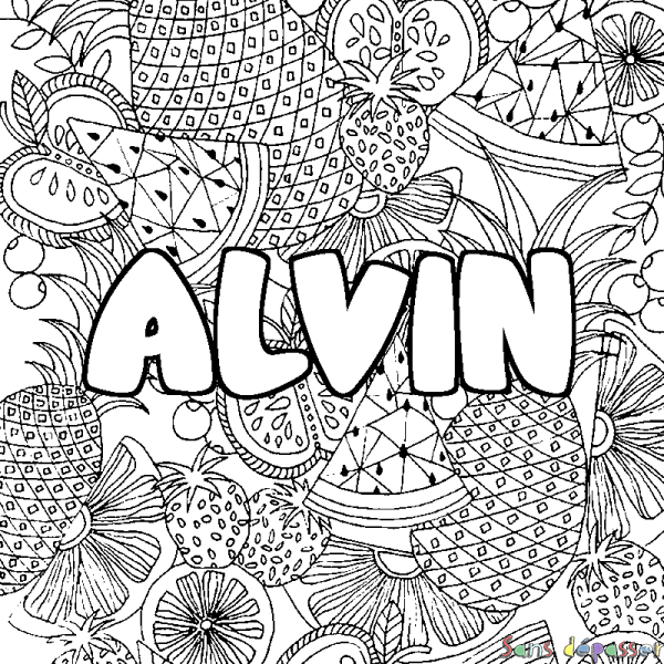 Coloriage prénom ALVIN - d&eacute;cor Mandala fruits