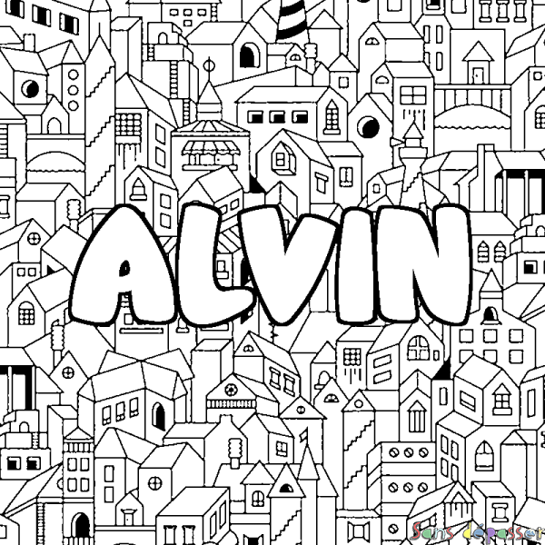 Coloriage prénom ALVIN - d&eacute;cor Ville