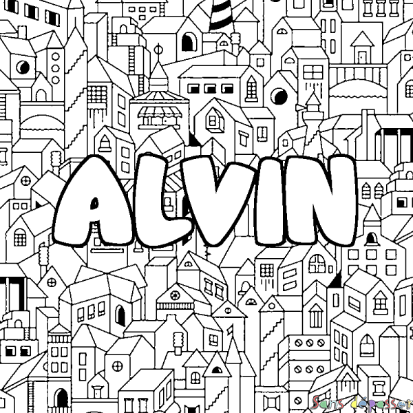 Coloriage pr&eacute;nom ALVIN - d&eacute;cor Ville