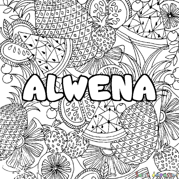 Coloriage prénom ALWENA - d&eacute;cor Mandala fruits