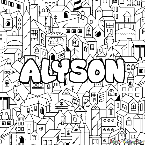 Coloriage pr&eacute;nom ALYSON - d&eacute;cor Ville