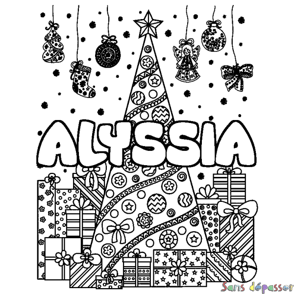 Coloriage prénom ALYSSIA - d&eacute;cor Sapin et Cadeaux