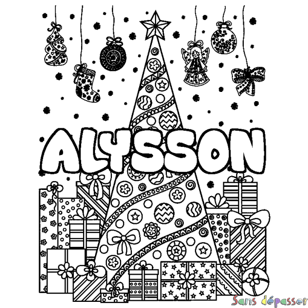 Coloriage prénom ALYSSON - d&eacute;cor Sapin et Cadeaux