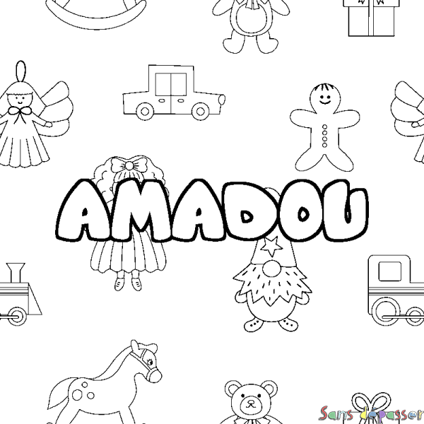 Coloriage pr&eacute;nom AMADOU - d&eacute;cor Jouets