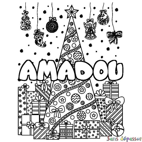 Coloriage prénom AMADOU - d&eacute;cor Sapin et Cadeaux