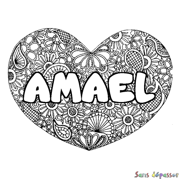 Coloriage prénom AMAEL - d&eacute;cor Mandala coeur
