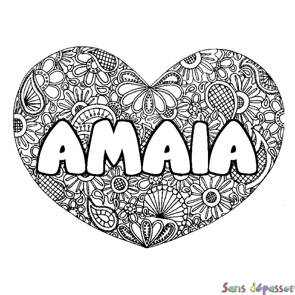 Coloriage prénom AMAIA - d&eacute;cor Mandala coeur