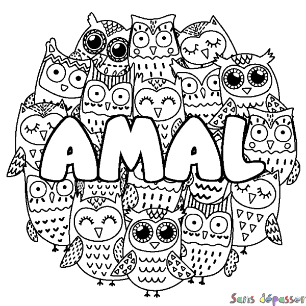 Coloriage pr&eacute;nom AMAL - d&eacute;cor Chouettes