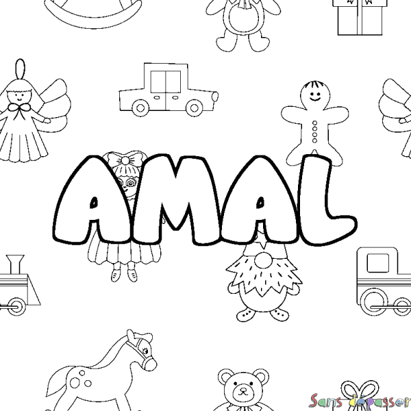 Coloriage pr&eacute;nom AMAL - d&eacute;cor Jouets