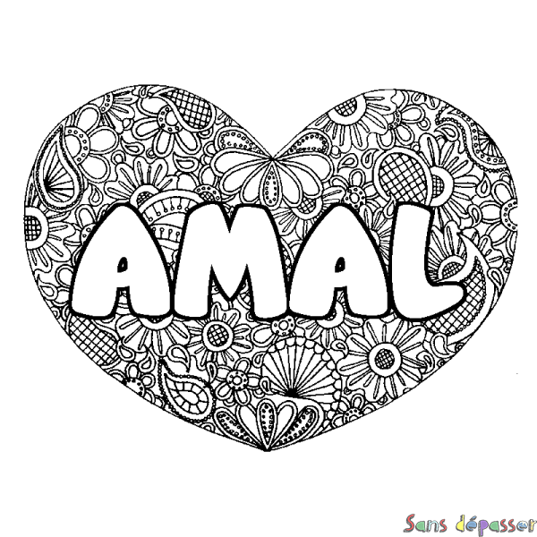 Coloriage prénom AMAL - d&eacute;cor Mandala coeur