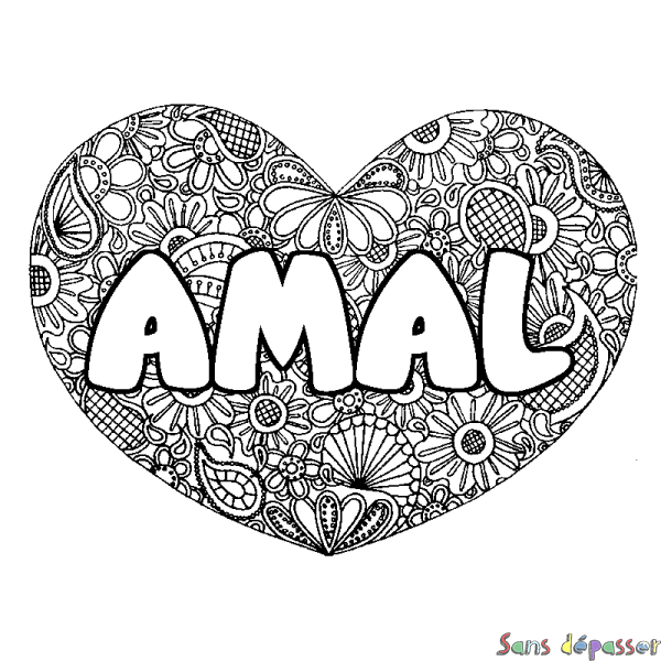 Coloriage pr&eacute;nom AMAL - d&eacute;cor Mandala coeur