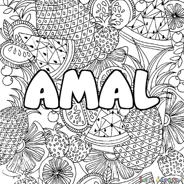 Coloriage prénom AMAL - d&eacute;cor Mandala fruits