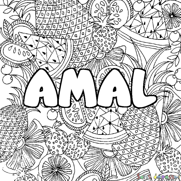 Coloriage pr&eacute;nom AMAL - d&eacute;cor Mandala fruits