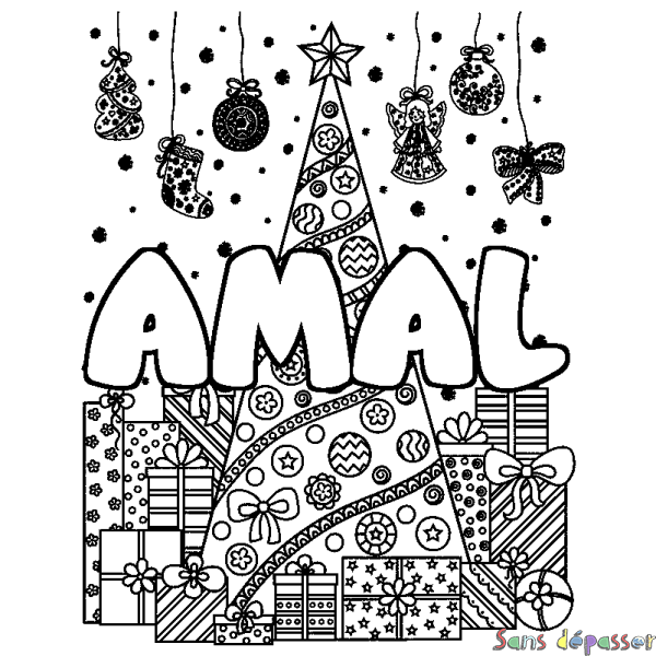 Coloriage prénom AMAL - d&eacute;cor Sapin et Cadeaux